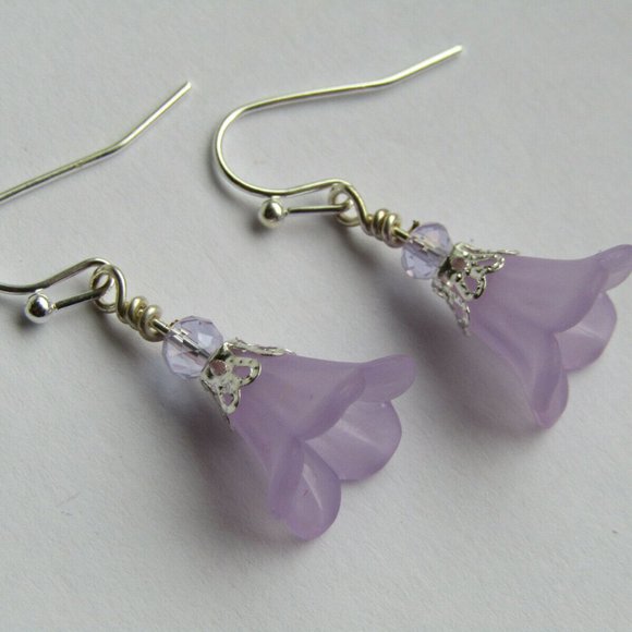 LUCITE FLOWER Earrings PURPLE Dangle Silver Plated - Picture 3 of 5